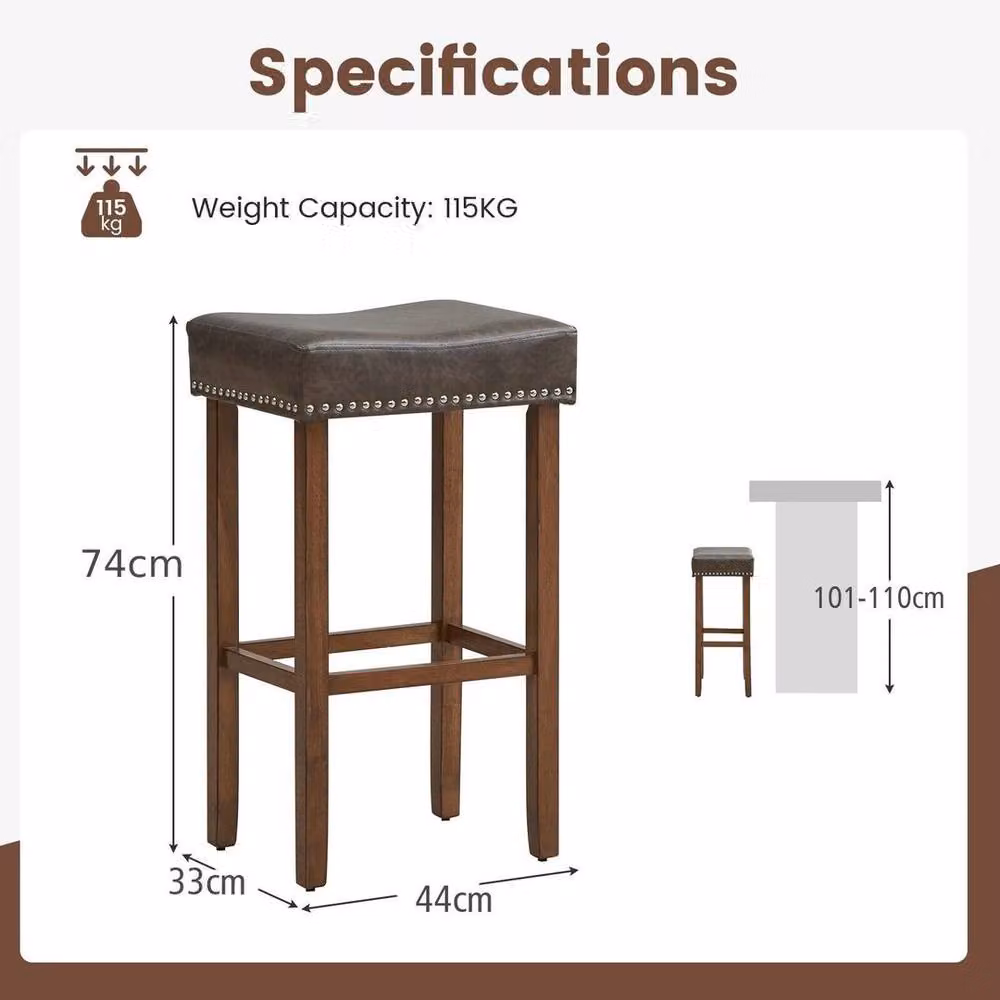KORVIXA Set of 2 Padded Counter Height Bar Stools in Brown with Rubberwood Finish – 2