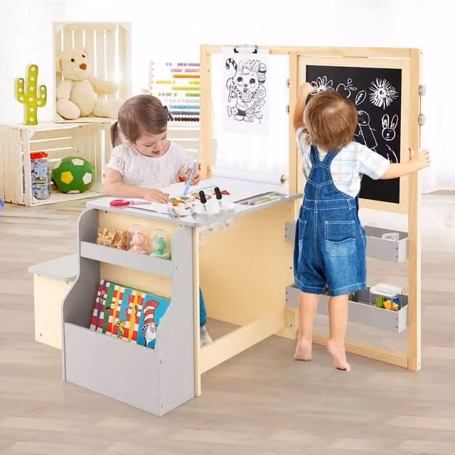 Costway Kids Wooden Art Easel, Table and Bench Set with Shelves in Grey