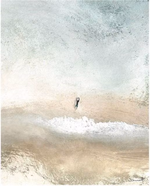 Dan Hobday Lone Surfer Multicolour Abstract Nature Canvas Print in Grey