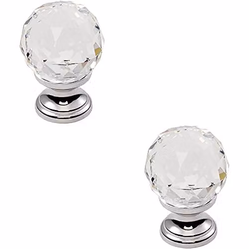 Loops 2 Pack Faceted Crystal Cupboard Door Knobs in Polished Chrome and Transparent Glass, 31mm Diameter