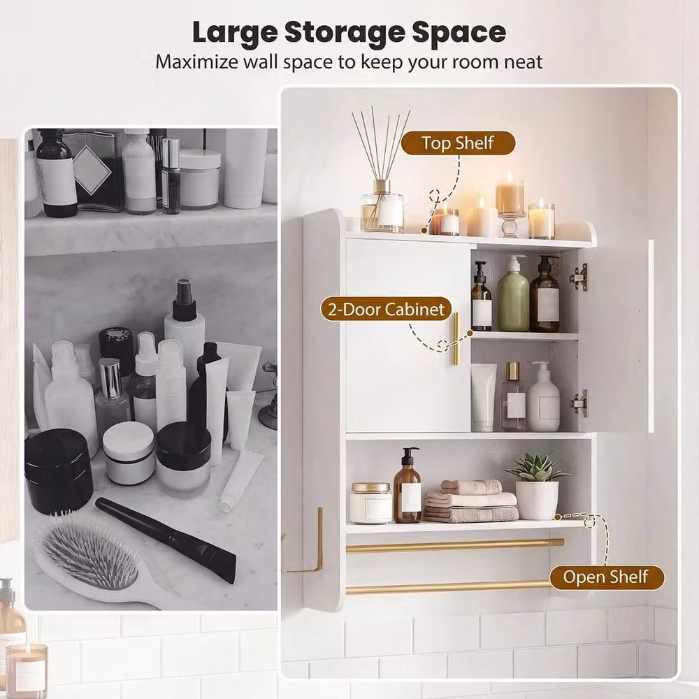 FORGEVIO White Wall Mounted Medicine Cabinet with Hinged Doors, Internal Shelves and Towel Bars – 2