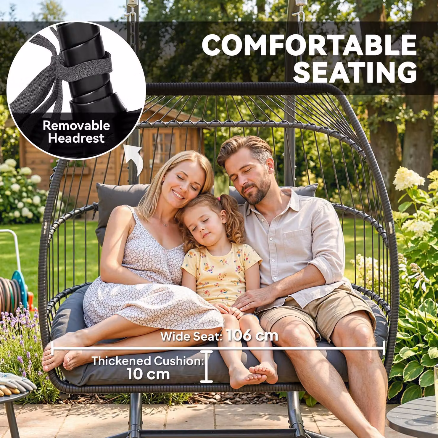 Outsunny Dark Grey Rattan Double Hanging Egg Chair with Stand and Cushions – 6