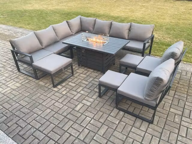 Fimous 12 Seater Aluminium Outdoor Garden Furniture Set with Gas Fire Pit Dining Table and 3 Footstools in Dark Grey
