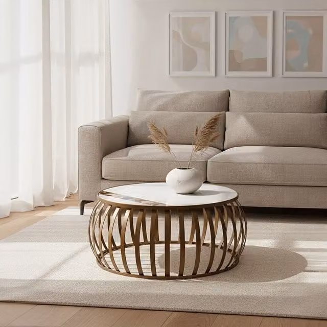 Orsina Modern Round Marble Coffee Table with Gold Metal Base, White and Gold, W/D/H: 84 x 84 x 41 cm – 1