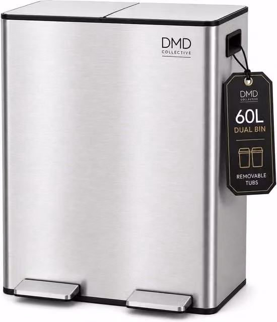 DMD Collective 60L Stainless Steel Double Kitchen Waste and Recycling Bin with Soft Close and Fingerprint Proof Finish in Silver