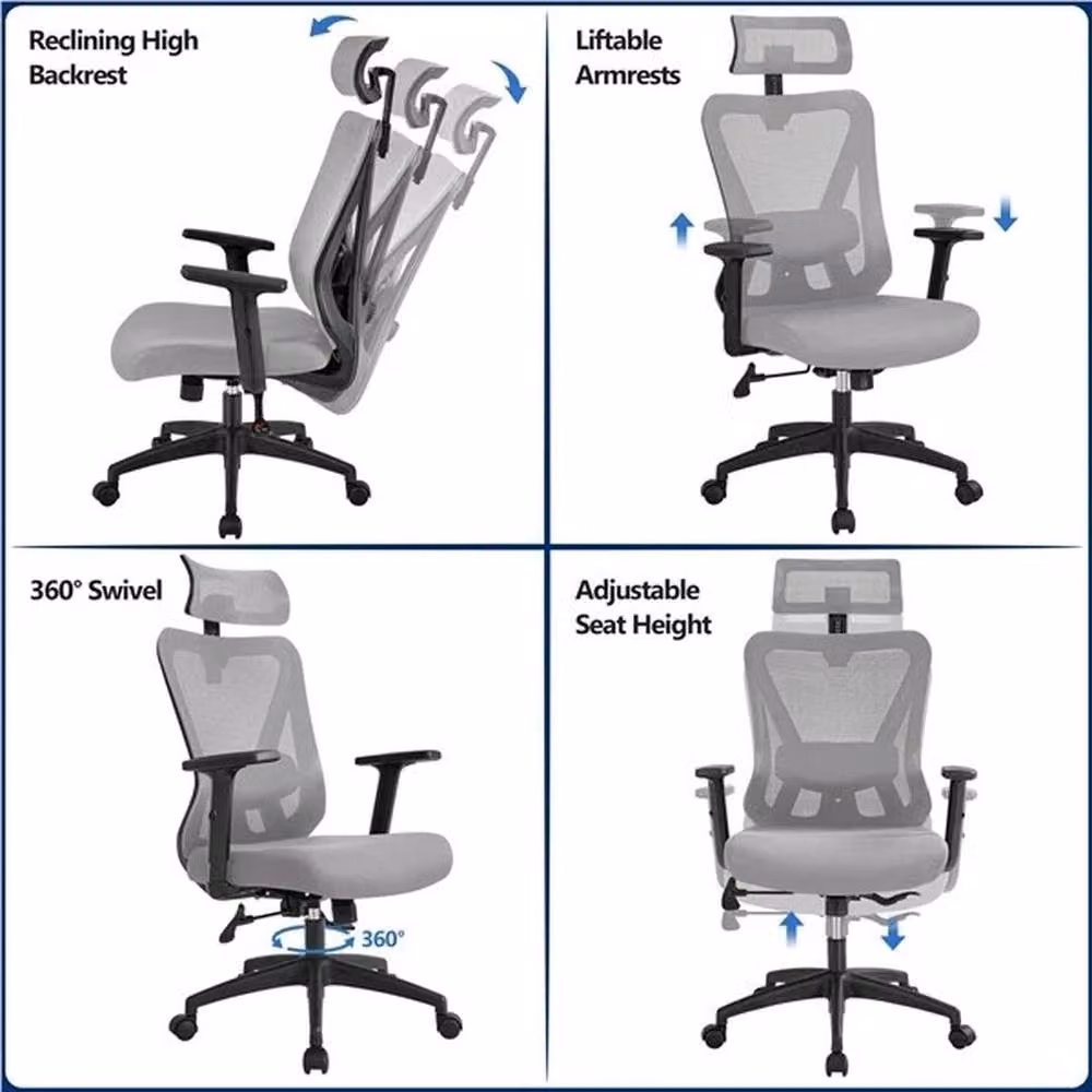 KORVIXA Ergonomic Grey Fabric Office Chair with Headrest and Armrests – 3