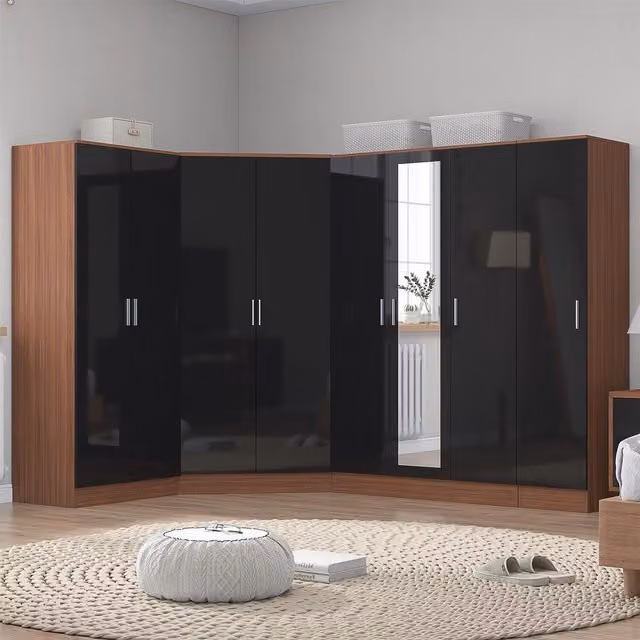 Reflect 4pc Wardrobe Bundle in Black Gloss and Walnut, featuring Corner, 3 Door Mirror, 2 Door and 1 Door Units, H x W x D: 180 x 329 x 103 cm