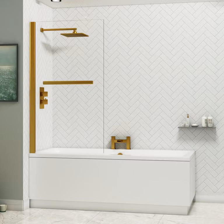 Amaze Square Double-Ended White Acrylic Bath Tub with Brushed Brass Wall Profile Screen and Rail, W: 140 cm