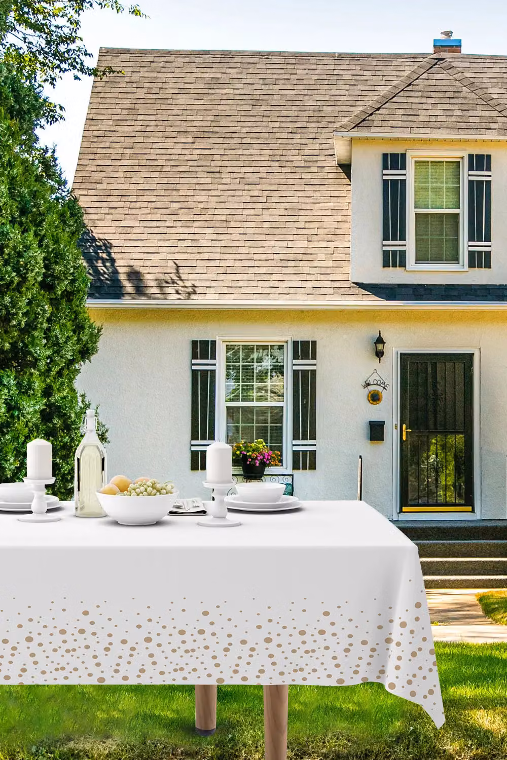 Neel Blue Dotted PVC Rectangular Tablecloth in Blue, White and Rose Gold, W: 137 cm, L: 274 cm – 2