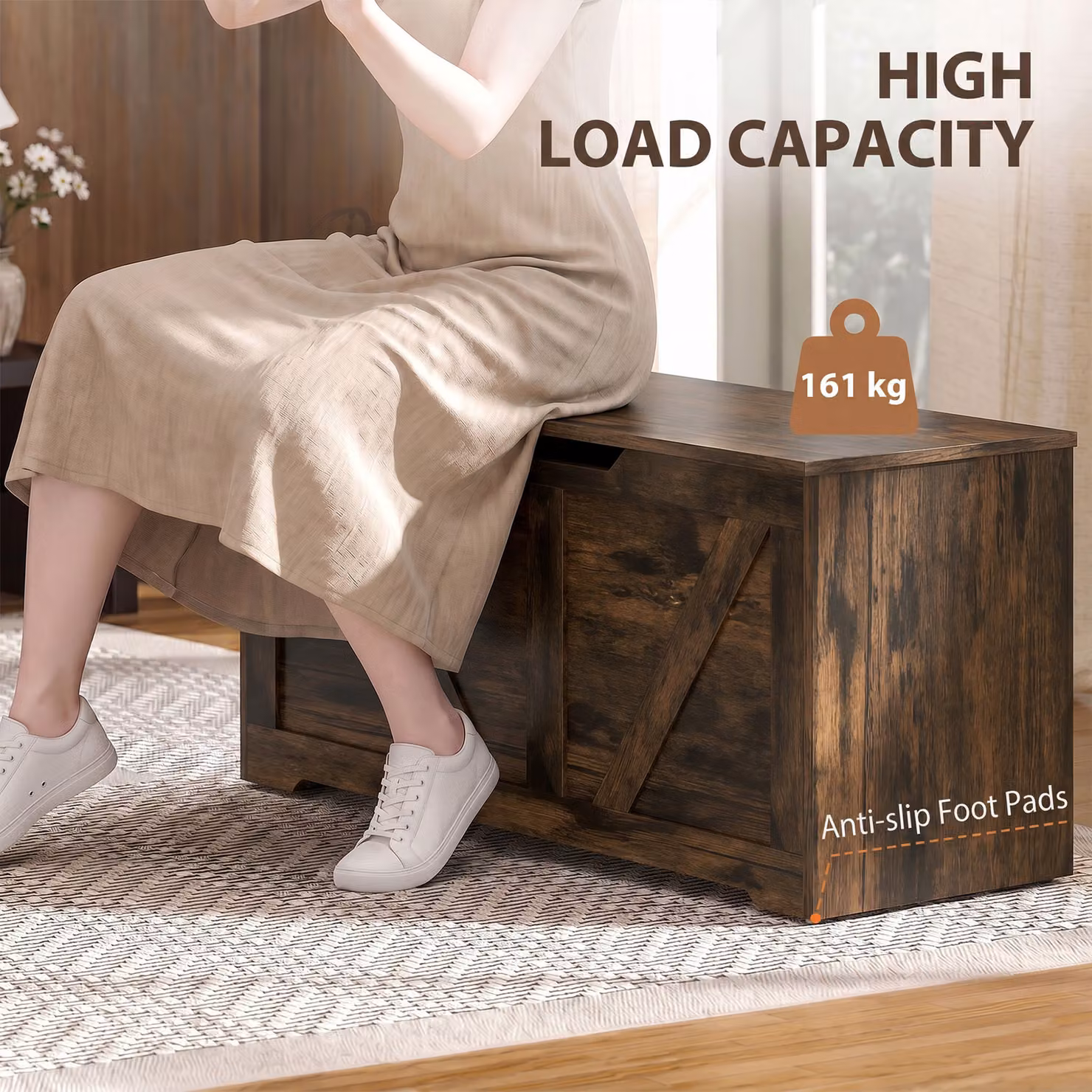 HOMCOM 127L Home Storage Box with Soft-Close Lid in Rustic Brown Wood-Effect – 7