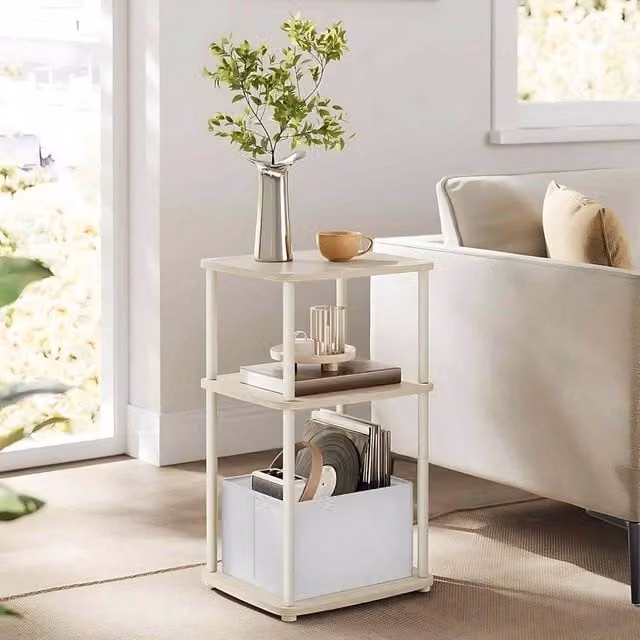 The Bazaarist 3 Tier Side Table and Bedside Table with Fabric Basket, Beige – 1