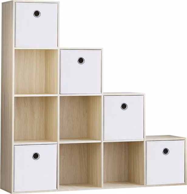 Vida Designs Durham 10 Cube Staircase Storage Unit in Oak with 5 White Baskets
