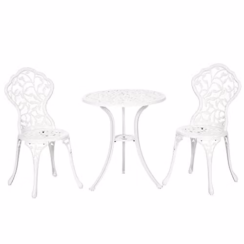 Outsunny 3 Piece Aluminium Bistro Set with Floral Pattern Dining Table and Chairs in Antique White – 1