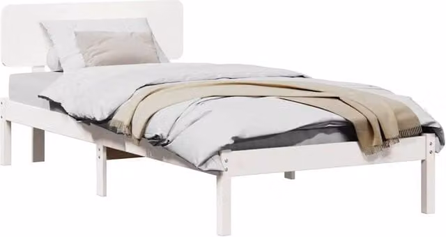 Berkfield Home White Solid Pine Wood Bed Frame with Headboard W/D/H: 90 x 200 cm