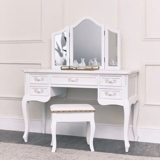 Melody Maison Pays Blanc Antique White Dressing Table with Triple Mirror and Stool