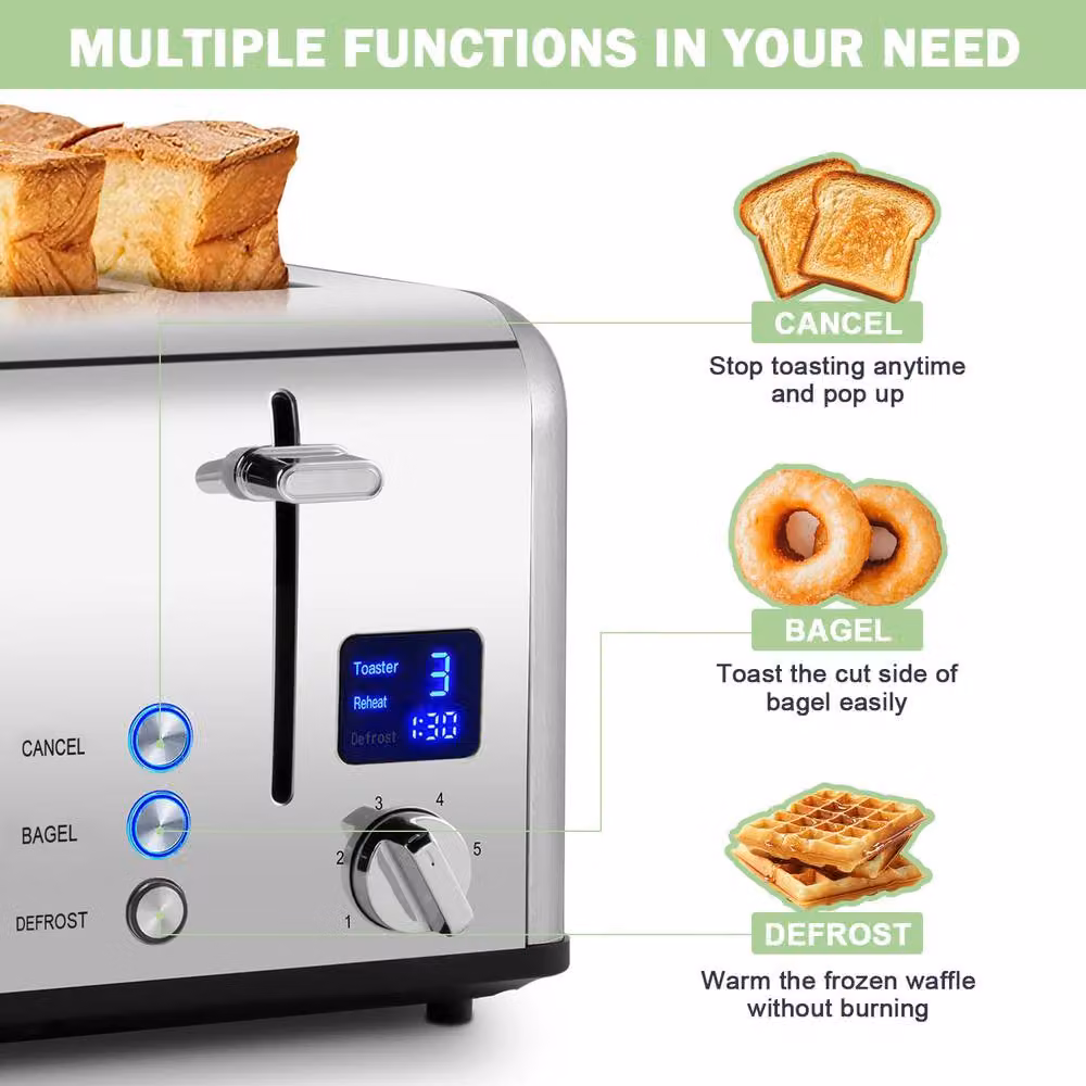 Cusimax Sleek 4 Slice Stainless Steel Toaster with Digital LED Display in Silver – 5
