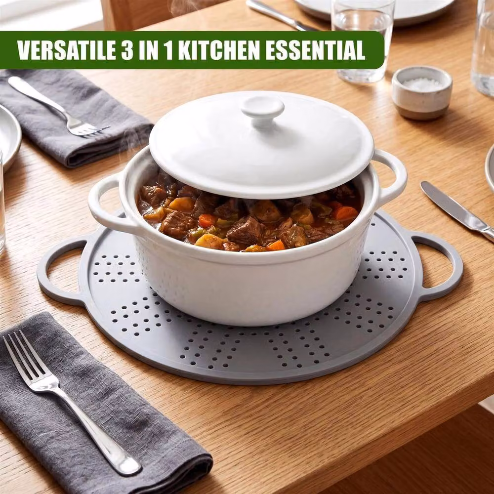 FLAVORA 3 in 1 Silicone Splatter Screen, Trivet and Strainer in Grey, Diameter: 28 cm – 4