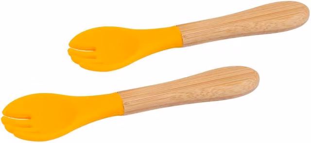 Tiny Dining Bamboo Baby Weaning Forks with Silicone Tips, Pack of 2, Yellow