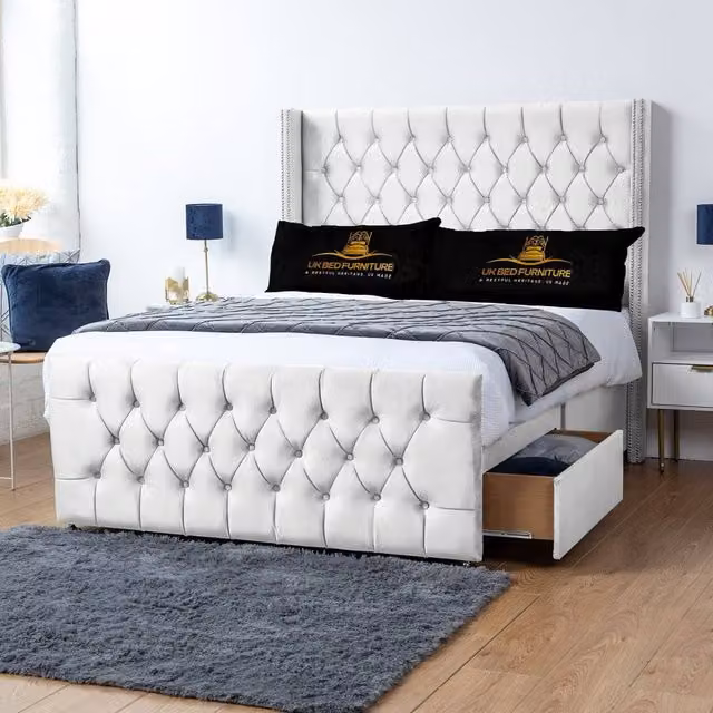 UK Bed Furniture Emily Wingback Divan Bed with 2 Foot End Drawers and 54 Inch Headboard in White, Size: Double (W/D: 140 x 200 cm)