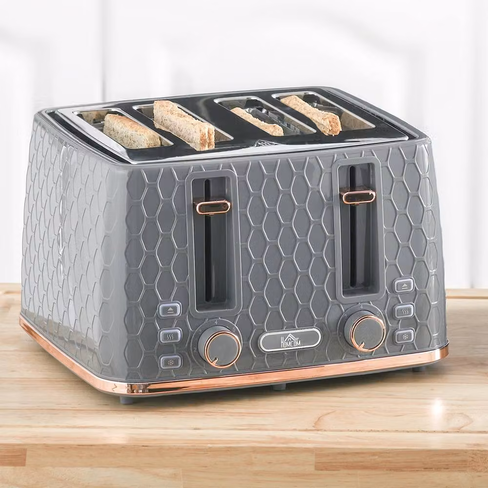 HOMCOM 4-Slot Toaster with 7 Browning Levels and 1600W Power, Grey Honeycomb – 2