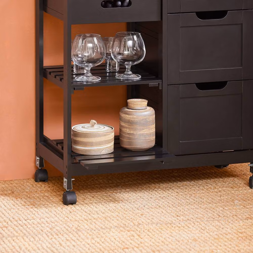 SoBuy Mobile Kitchen Trolley with 3 Drawers and Basket in Matt Black – 4