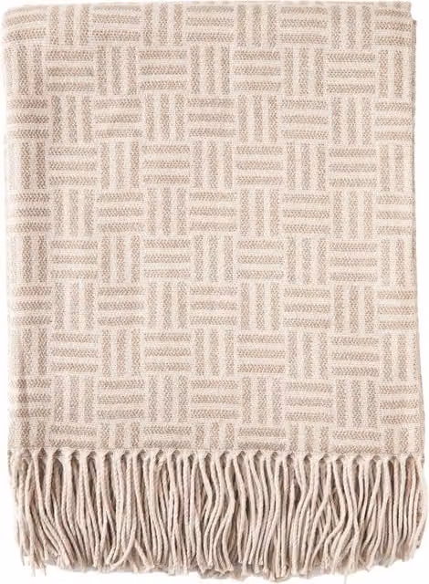 Vinga Lenox Geometric Jacquard Throw in Brown and Beige with Fringes, W/D/H: 170 x 130 x 1 cm