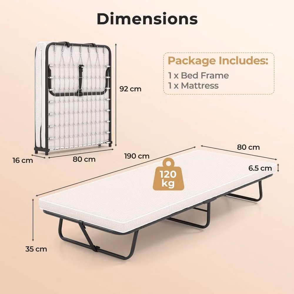KORVIXA Single Folding Bed with Foam Mattress in Beige, W/D/H: 80 x 190 cm – 2