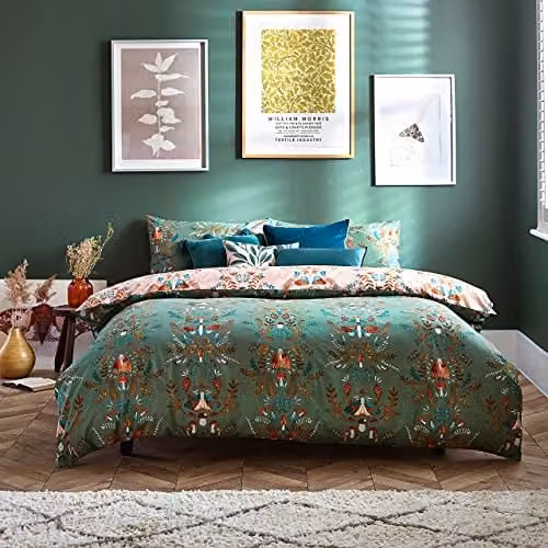 Riva Home Furn Luna Wood Reversible Floral Duvet Cover Set in Green and Pink, W/H: 137 x 200 cm