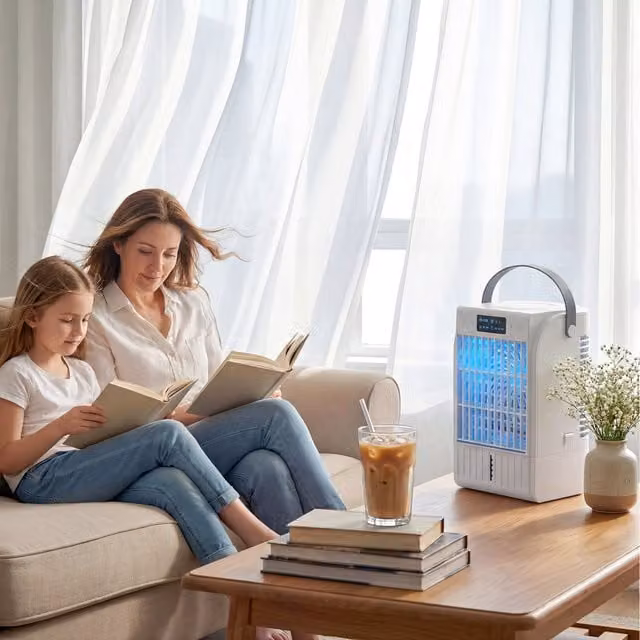 HOMCOM 4-in-1 Mini Air Cooler with RGB 7 LED Light in White