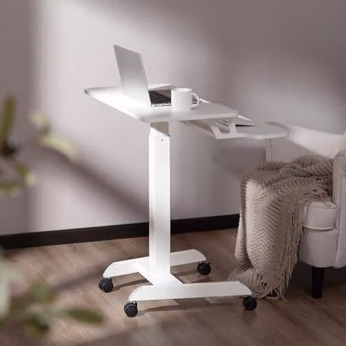 Properav Mobile Two Tier Sit-Stand Desk Workstation with Gas Spring Height Adjustment and Keyboard Tray, White, W: 80 cm, D: 40 cm – 3