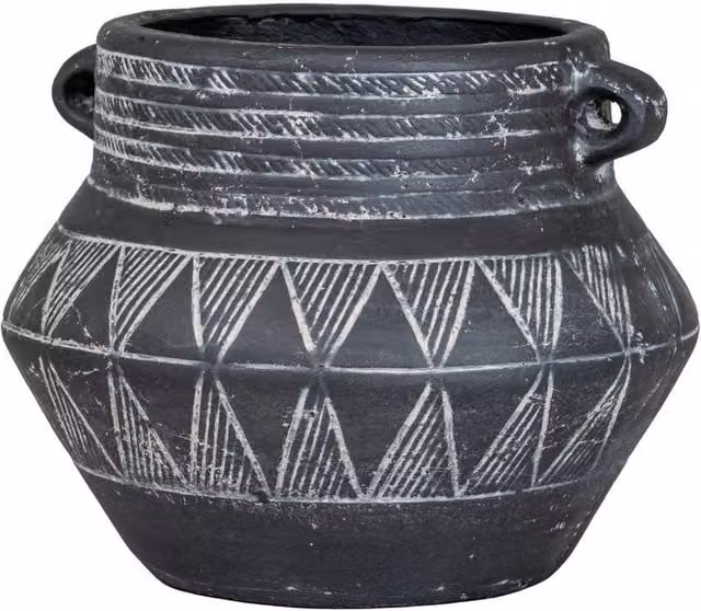 Lemon Pavilion Furniture and Decor Etched Collection Ceramic Pot with Handle, Black, W: 20 cm, D: 20 cm, H: 16 cm – 1