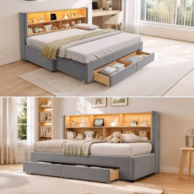 Merax Grey Velvet Upholstered Single Bed with Storage Drawers, Bedside Shelf and USB Charging Port, W/D/H: 90 x 190 x 82.5 cm