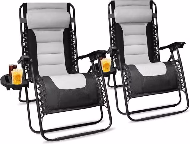 Alivio Extra Wide Zero Gravity Padded Cushion Chairs in Black with Side Tray and Cup Holders