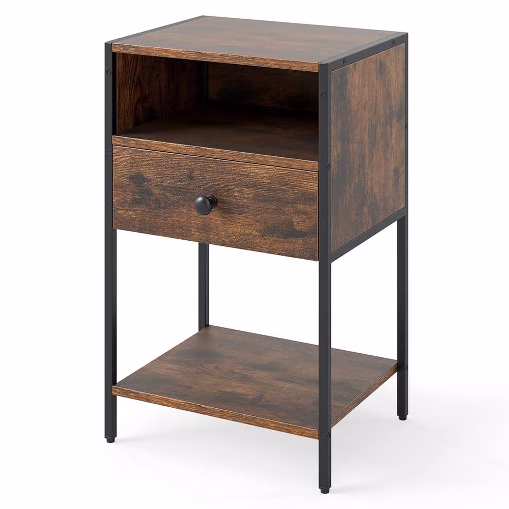 Gymax Industrial Nightstand End Table with Open Compartment Drawer and Shelf in Brown – 2