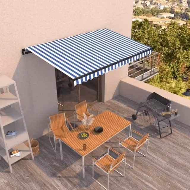 Berkfield Home Manual Retractable Awning with Crank Mechanism, Blue and White, W: 450 cm, D: 350 cm – 1