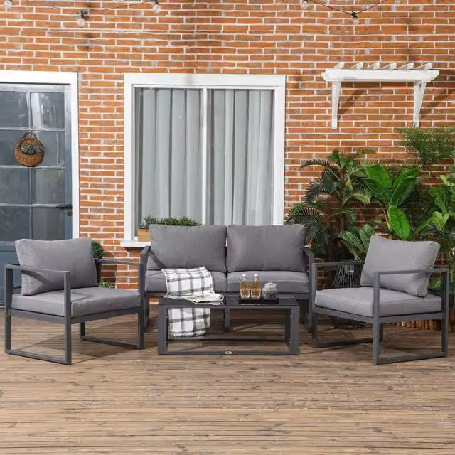 Outsunny 4 Piece Grey Garden Furniture Set with Upholstered Cushions and Powder Coated Aluminium Frame – 6