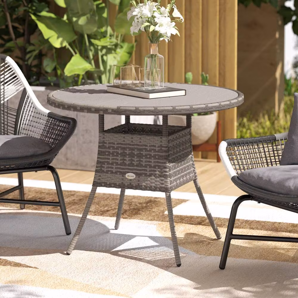 ERGOVEXA Grey Wood-Effect Rattan Round Garden Table, W: 90 cm, D: 90 cm, H: 73 cm – 4
