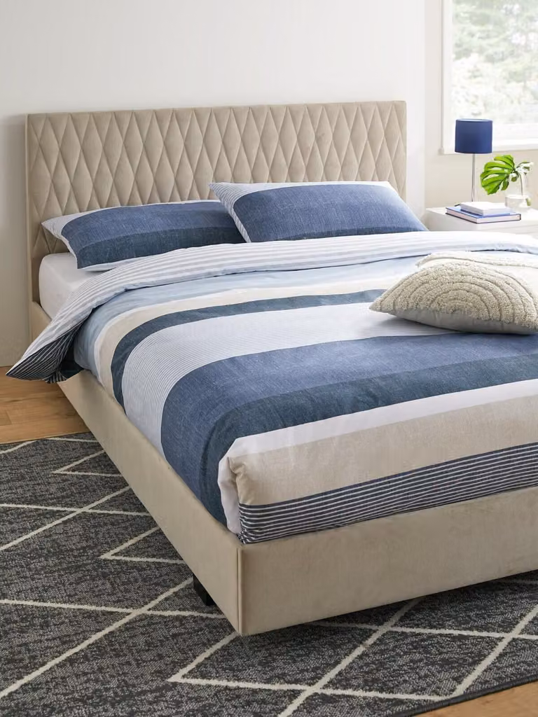 Cheap Furniture Warehouse Ashton Upholstered Fabric Kingsize Bed Frame in Grey, H 101.0 cm x W 180 cm x D 213.0 cm