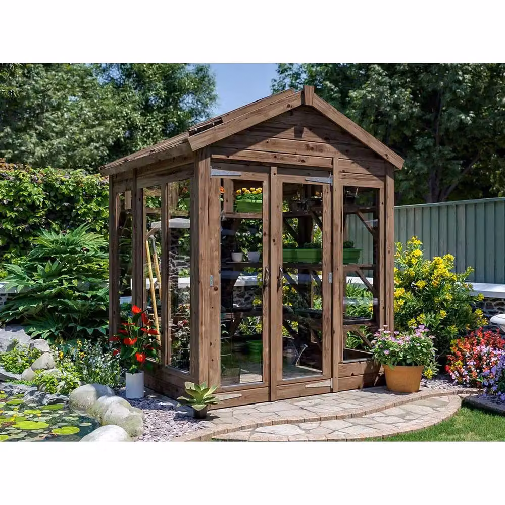 Dunster House Growzilla Wooden Greenhouse with Shelving in Brown, W: 1.8 m, D: 1.8 m – 2