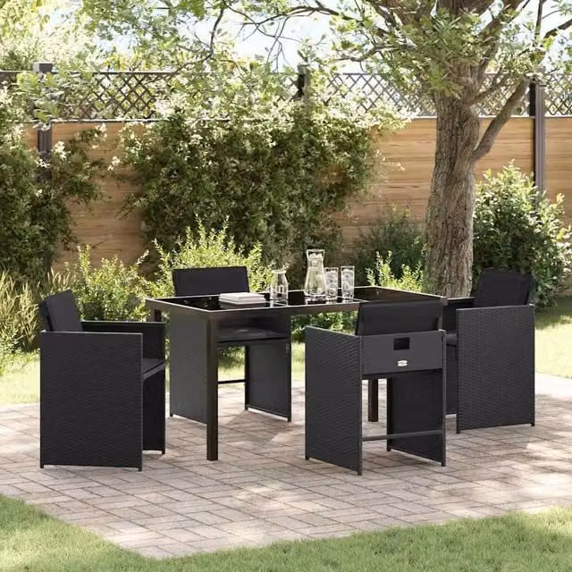 Berkfield Home 5 Piece Black Poly Rattan Garden Dining Set with Glass Top