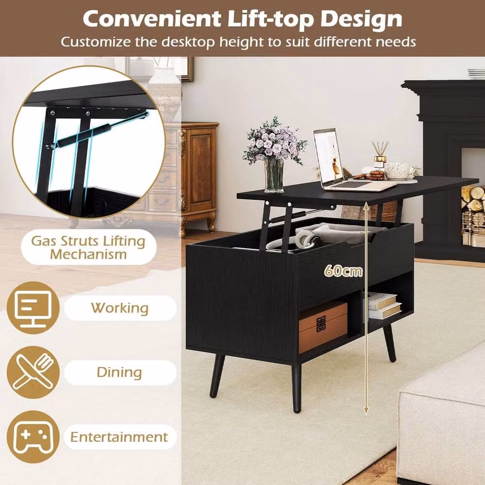 Ventryn Black Mid-Century Lift Top Coffee Table with Open Storage Shelves – 4