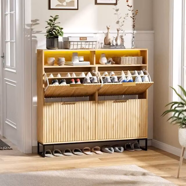 EONLION Mid-Century Modern Oak Shoe Cabinet with 4 Tilting Compartments and Integrated Lighting in Light Oak, Width: 100 cm – 1