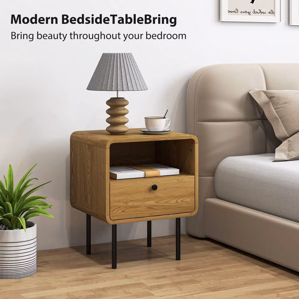 Wyld Haus Move Lalo Oak Finish Bedside Table with Drawer and Open Shelf in Light Oak – 4