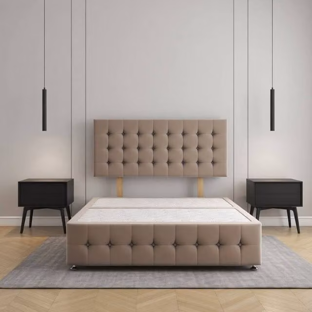 Regional Furnishings Double Divan Bed Base with 24 inch Headboard and 12 inch Footboard in Bronze Velvet Fabric, W/D/H: 140 x 200 cm
