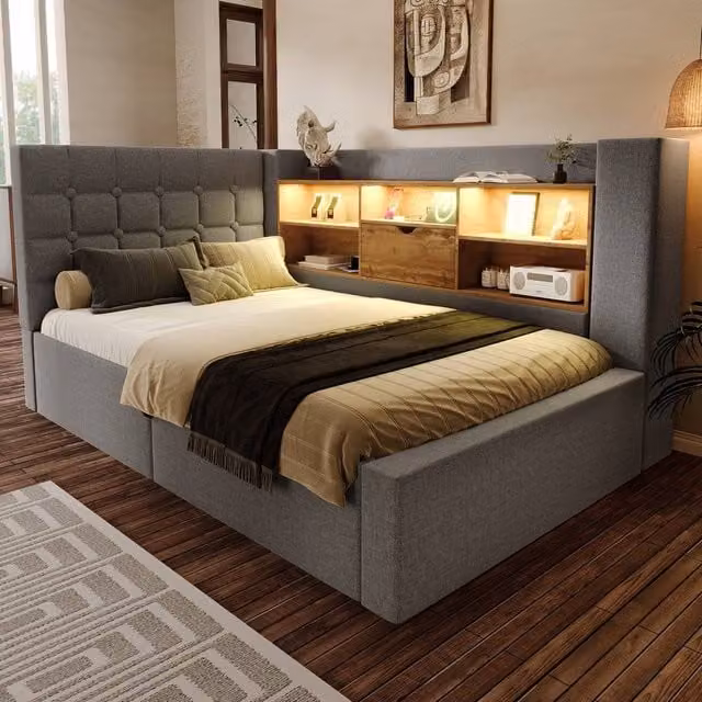 Rolipo Single Daybed with Hydraulic Storage, USB Charging Port and LED Lighting, Grey Linen, W/D/H: 90 x 190 x 91.44 cm