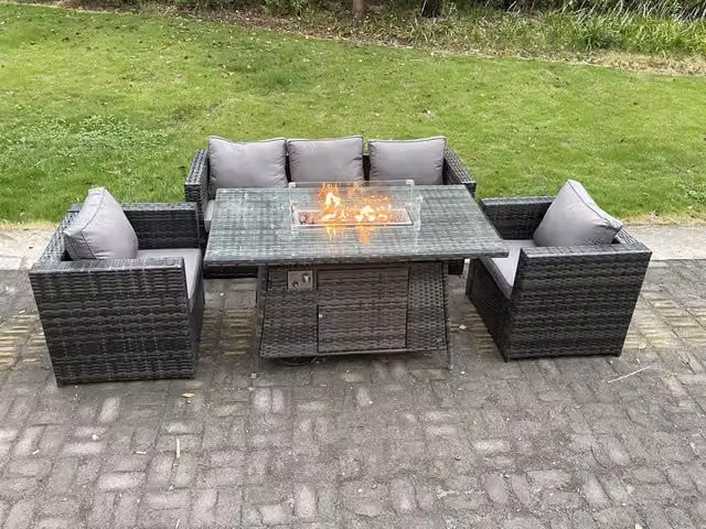 Fimous 5 Seater Rattan Gas Fire Pit Dining Set in Dark Grey