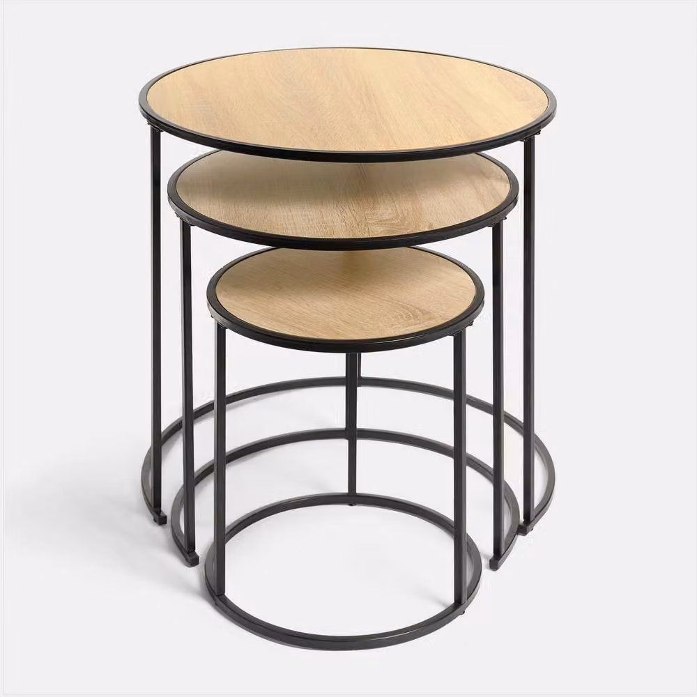 OHS Manhattan Round Nesting Side Coffee Tables with Metal Frame in Brown – 2