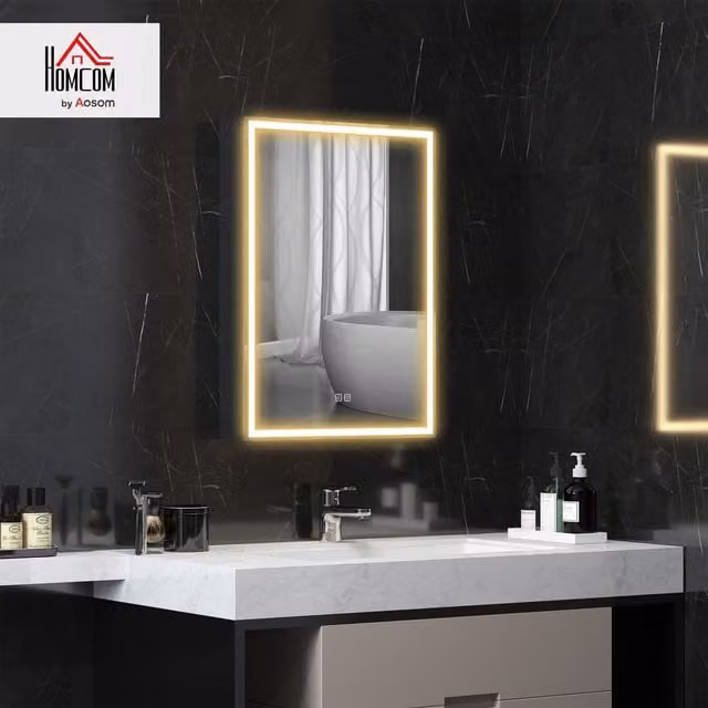 HOMCOM Modern Black Wall-Mounted Bathroom Mirror Cabinet with LED Lighting, Shaver Socket and Anti-Fog Feature