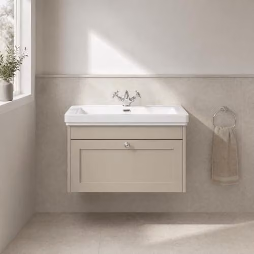 Balterley Wall Hung Single Drawer Vanity Unit with Rectangular Basin and Tap Hole in Pebble Grey, W/D/H: 80.0 x 45.3 x 43.1 cm – 2