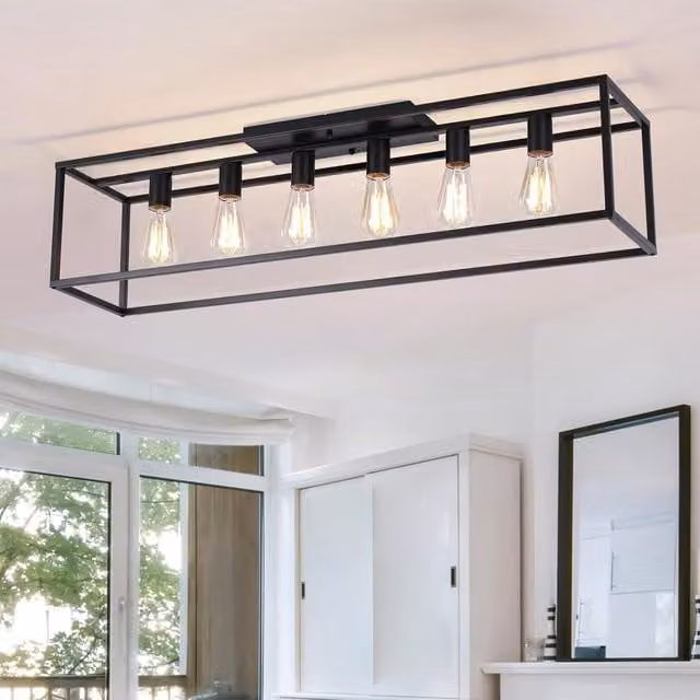 Garwarm 6 Light Industrial Iron Cage Flush Mount Ceiling Chandelier in Black – 1